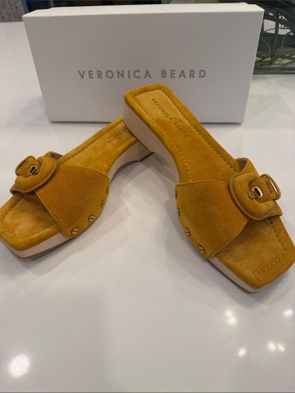 Veronica Beard Mustard Suede Buckle Slide Mules